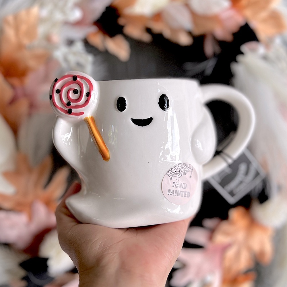 ✨NEW👻Cobwebs and Cauldrons Ghost with Pink Lollipop Candy Mug🍭